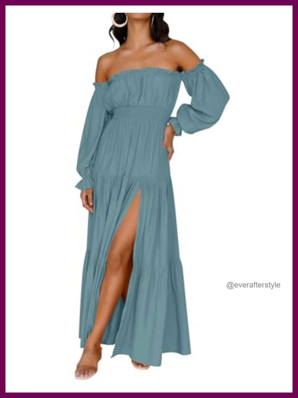 Boho Off Shoulder Long Sleeve Maxi Dress High Split Ruffle Hem